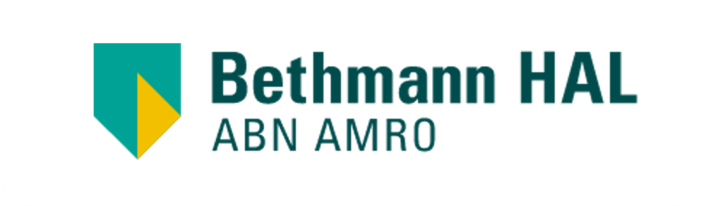 Logo der Bethmann Bank, Teil der ABN AMRO, in modernem Design mit grünen und gelben Elementen.